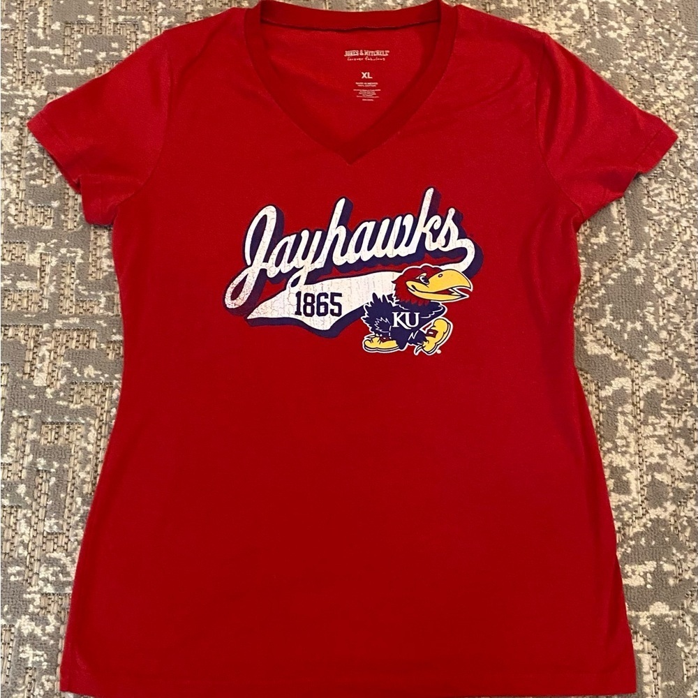 Kansas Jayhawks J&M Women's  V-Neck T-Shirt Color Red Size‎ XL One Flaw